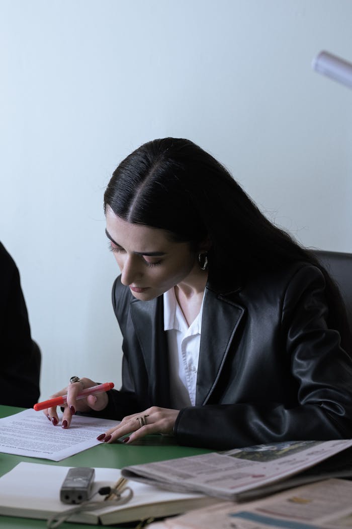 Focused businesswoman in black leather coat reviews documents at office desk.